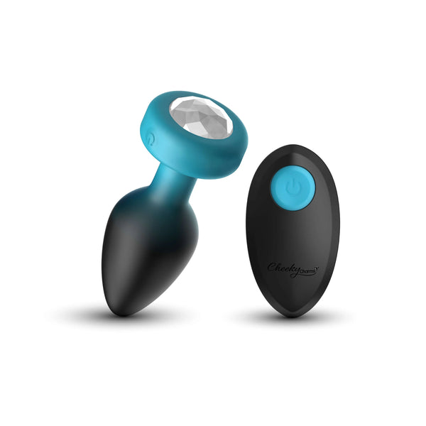 TEAL Ombre - MEDIUM Cheeky Charms Eluxe Vibrating Plug With Remote - Clear Gem