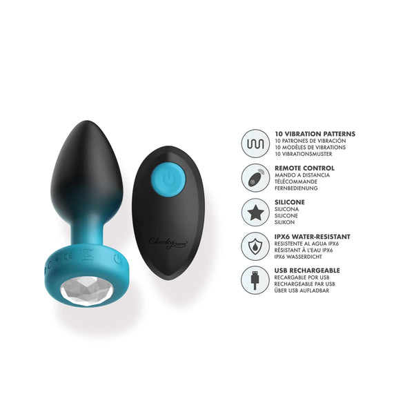 TEAL Ombre - MEDIUM Cheeky Charms Eluxe Vibrating Plug With Remote - Clear Gem