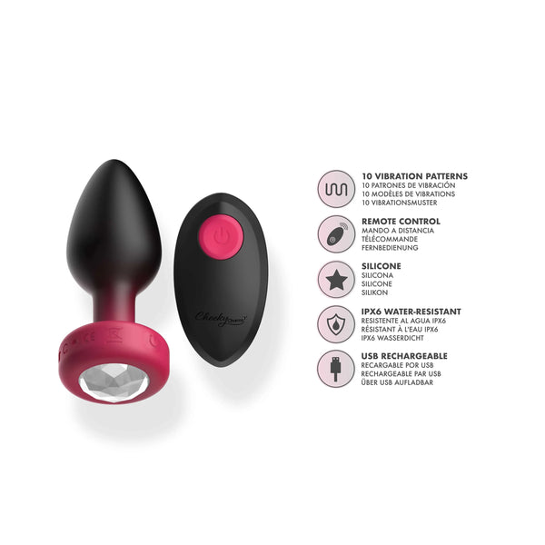 RUBY Ombre - MEDIUM Cheeky Charms Eluxe Vibrating Plug With Remote - Clear Gem