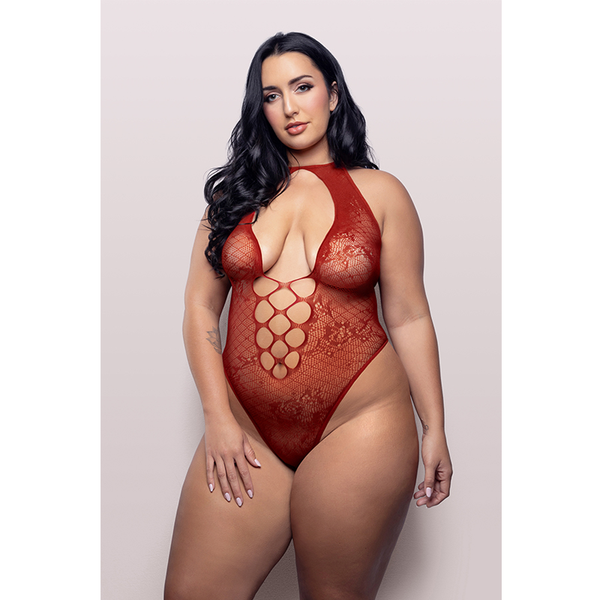 UST KISSED Halter tie plunge teddy in floral lace knit (Red)