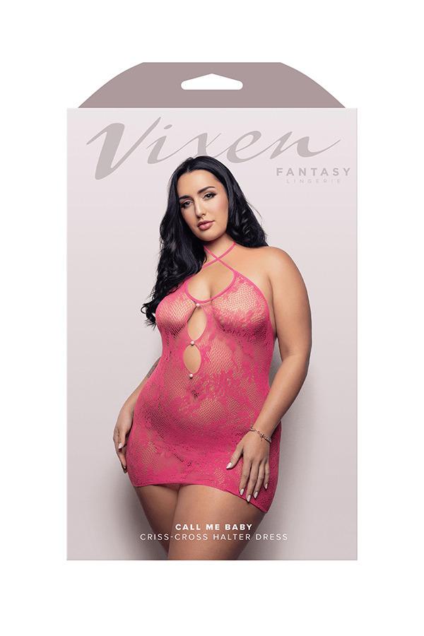 CALL ME BABY Criss-cross halter tie dress with pearl rivet details in lace knit (Hot Pink)
