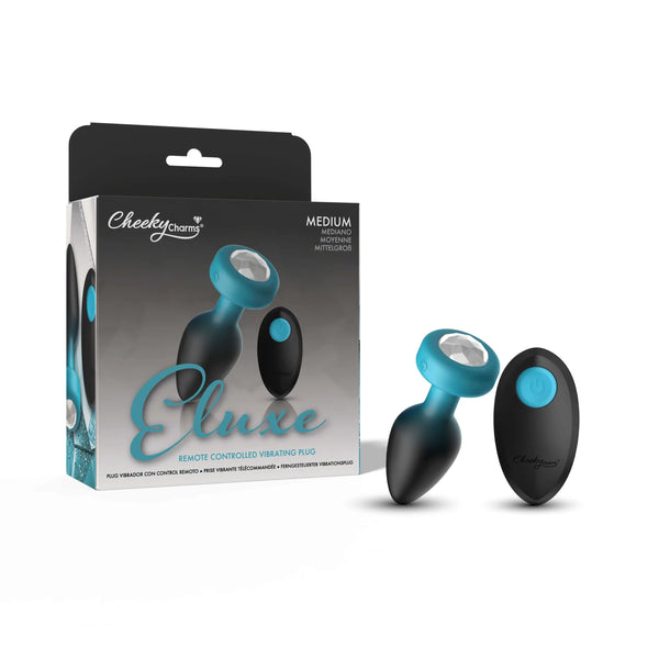 TEAL Ombre - MEDIUM Cheeky Charms Eluxe Vibrating Plug With Remote - Clear Gem