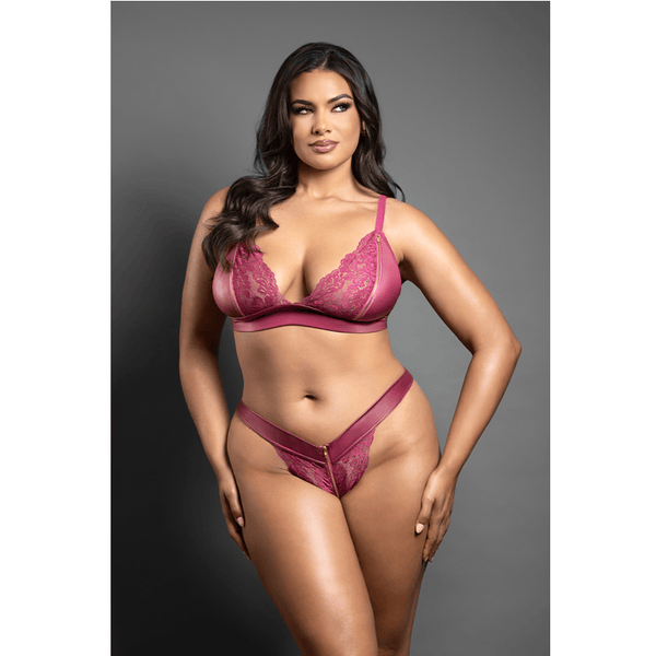 Bralette and panty in leatherette and lace with zipper details (Berry)