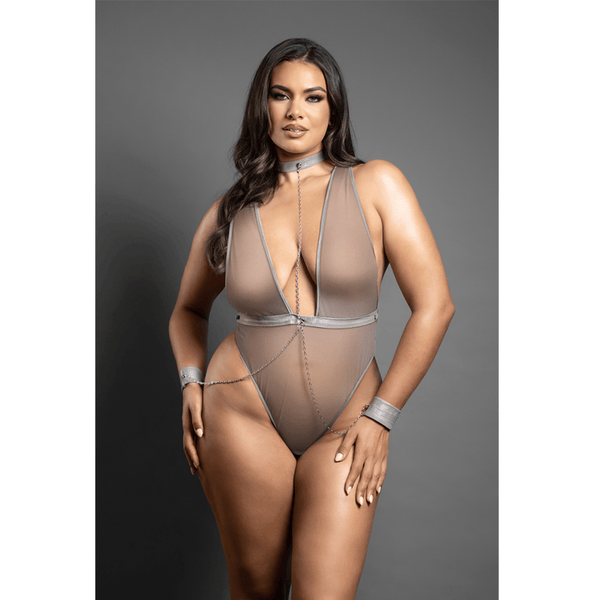 Crotchless plunge teddy in leatherette and mesh with chain-link choker detail and matching detachable