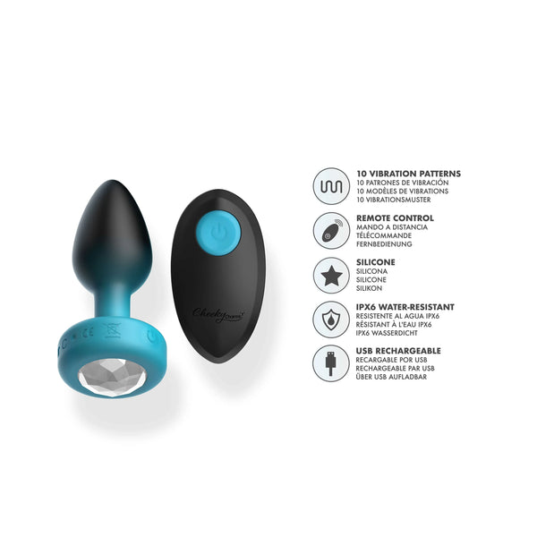 TEAL Ombre - SMALL Cheeky Charms Eluxe Vibrating Plug With Remote - Clear Gem