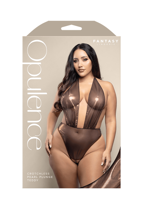 Crotchless halter teddy with plunge neckline, open pearl string back and adjustable pearl g-string in metallic foil mesh