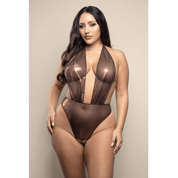 Crotchless halter teddy with plunge neckline, open pearl string back and adjustable pearl g-string in metallic foil mesh