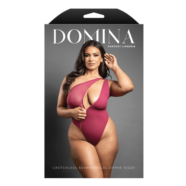 Crotchless one-shoulder mesh teddy with asymmetrical front zipper detail (Berry)