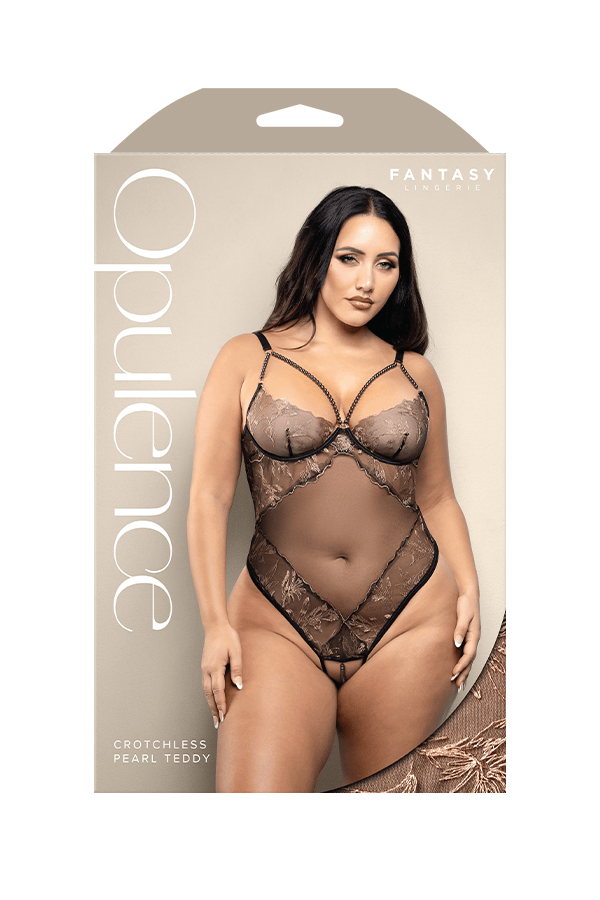 Crotchless teddy with pearl cage neckline and adjustable pearl g-string in rose gold embroidered mesh