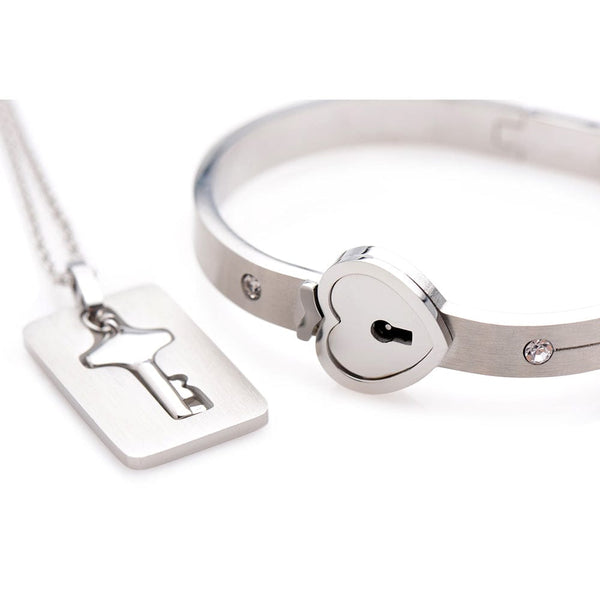 Cuffed Locking Bracelet and Key Necklace - Tungsten Steel