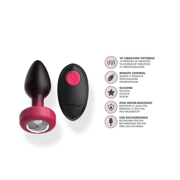 RUBY Ombre - SMALL Cheeky Charms Eluxe Vibrating Plug With Remote - Clear Gem