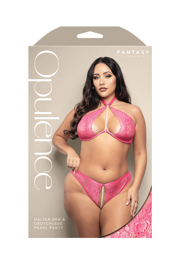 Halter bra with underwire cups, center pearl string accent and adjustable crotchless pearl panty in shimmer lace