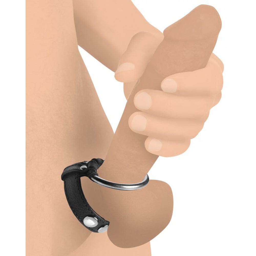Leather & Steel Cock & Ball Ring - Black