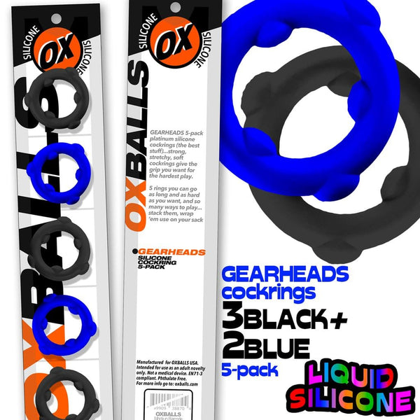 OXBALLS Gearheads Blue/Black 5-Pack Spinner Cock Rings