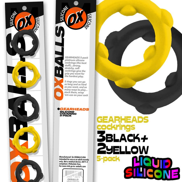 OXBALLS Gearheads Yellow/Black 5-Pack Spinner Cock Rings