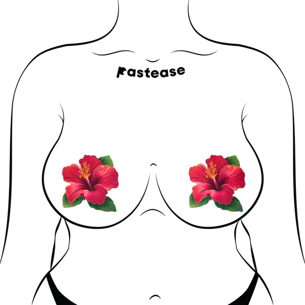 Tropical Vibrant Red Hawaiian Hibiscus Botanical Flower Breast Pasties