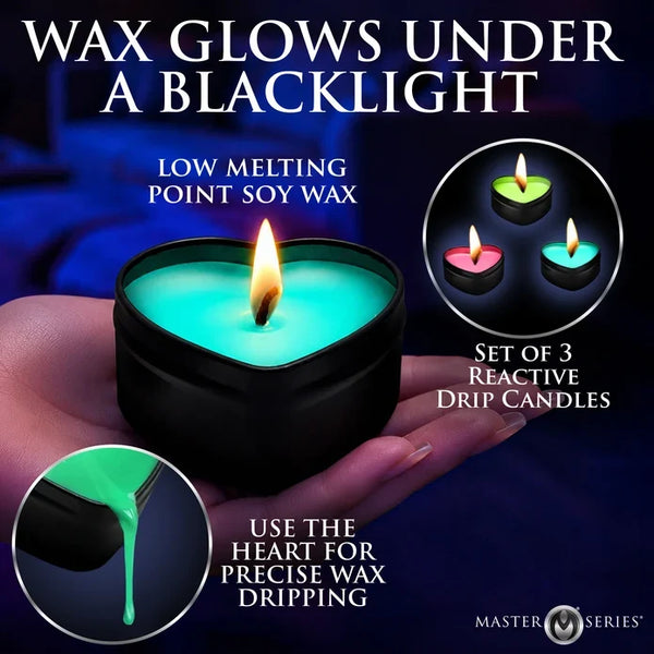 Burning Heart Blacklight Reactive Heart Drip Candle Set of 3