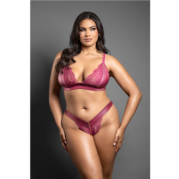 Bralette and panty in leatherette and lace with zipper details (Berry)
