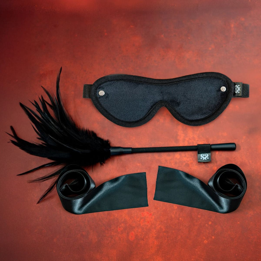 SEI MIO Strict Tease ribbon ties blindfold and tickler kit for sensory play