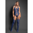 ALL YOURS Halter bodystocking & g-string in striped floral pattern knit (Blue)