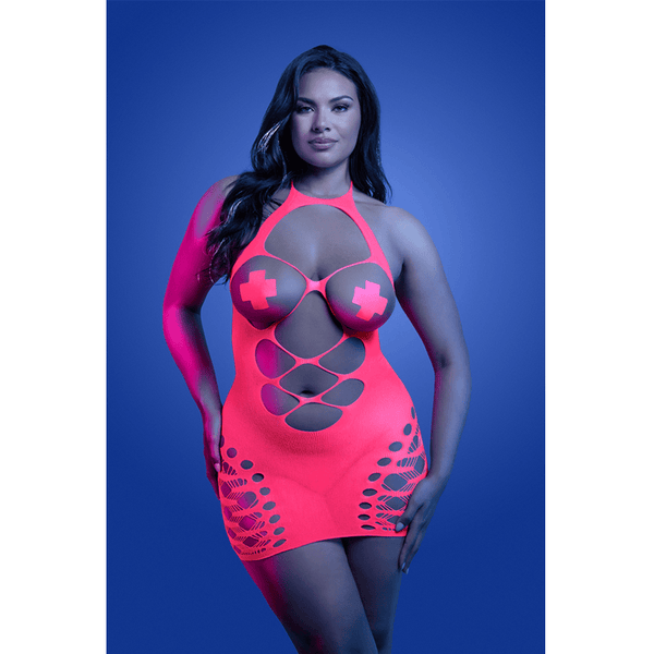 APHRODISIAC UV reactive open bodice halter dress and one pair of pasties (Neon Pink)