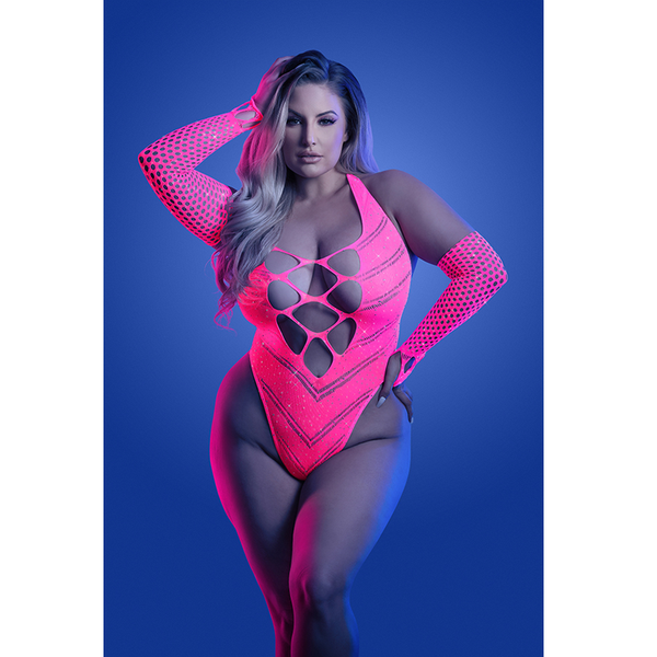 FLASHBACK UV reactive rhinestone fishnet teddy & matching gloves (or leg warmers) (Neon Pink)