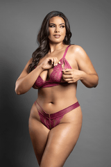 Bralette and panty in leatherette and lace with zipper details (Berry)