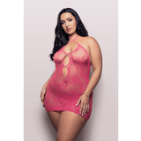 CALL ME BABY Criss-cross halter tie dress with pearl rivet details in lace knit (Hot Pink)