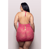 CALL ME BABY Criss-cross halter tie dress with pearl rivet details in lace knit (Hot Pink)