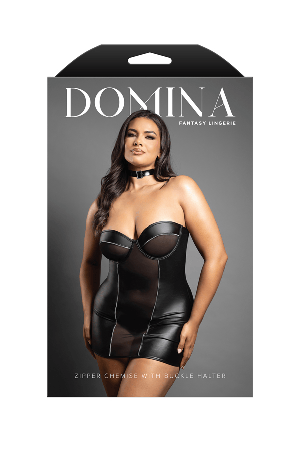 Chemise in leatherette and mesh with zipper details and buckle halter (Black)
