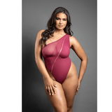 Crotchless one-shoulder mesh teddy with asymmetrical front zipper detail (Berry)