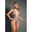 Crotchless plunge teddy in leatherette and mesh with chain-link choker detail and matching detachable