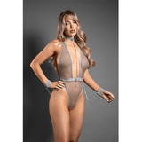Crotchless plunge teddy in leatherette and mesh with chain-link choker detail and matching detachable