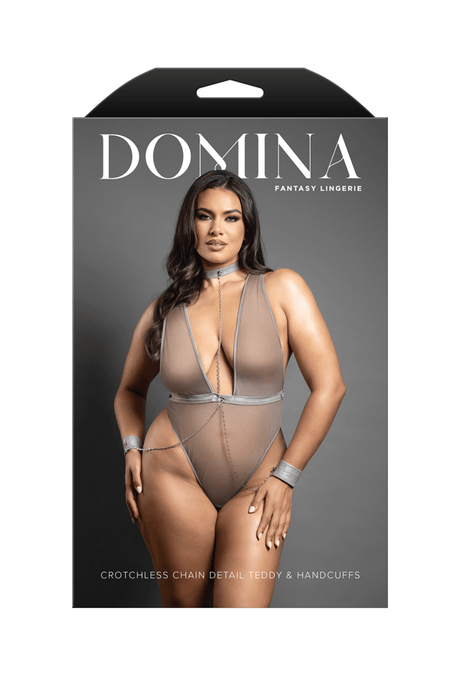 Crotchless plunge teddy in leatherette and mesh with chain-link choker detail and matching detachable