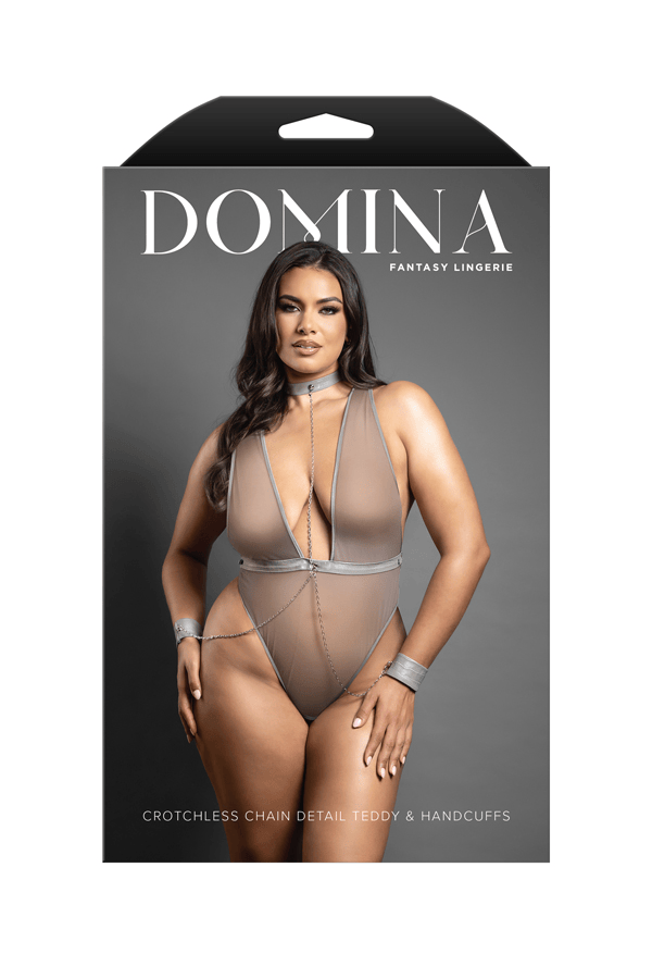 Crotchless plunge teddy in leatherette and mesh with chain-link choker detail and matching detachable