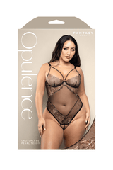 Crotchless teddy with pearl cage neckline and adjustable pearl g-string in rose gold embroidered mesh