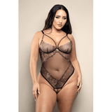 Crotchless teddy with pearl cage neckline and adjustable pearl g-string in rose gold embroidered mesh