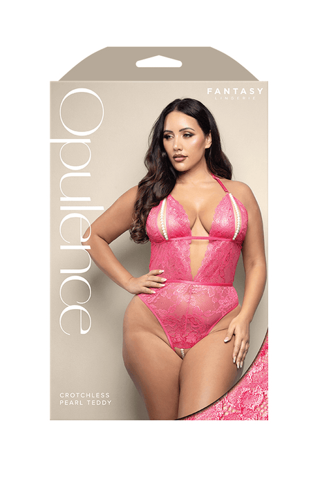 Crotchless teddy with split pearl string cups, cut-out back and adjustable pearl g-string in shimmer lace