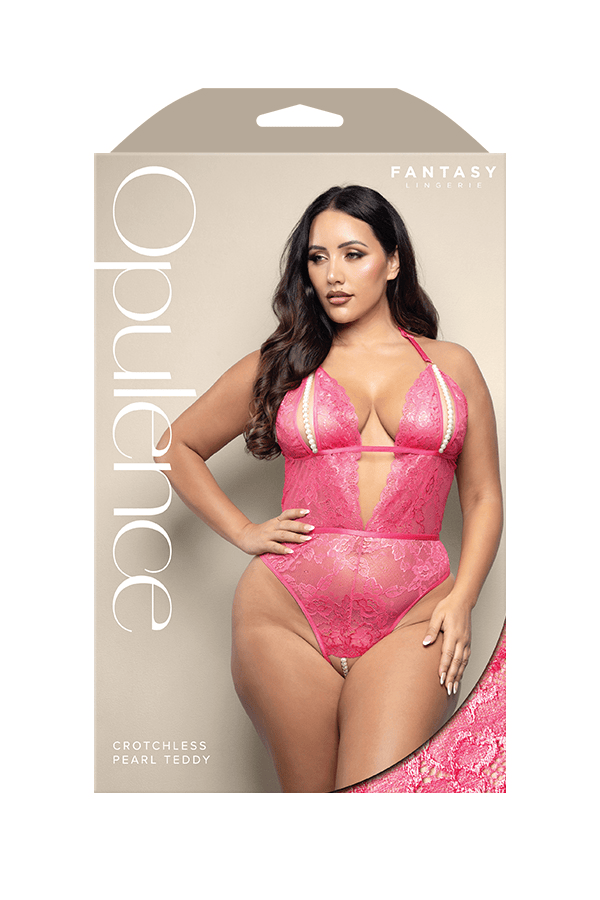 Crotchless teddy with split pearl string cups, cut-out back and adjustable pearl g-string in shimmer lace