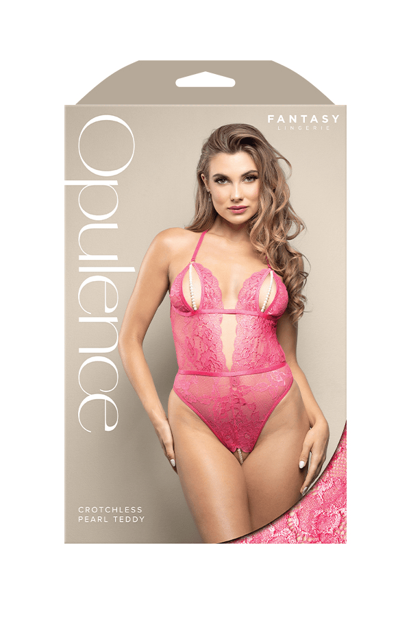 Crotchless teddy with split pearl string cups, cut-out back and adjustable pearl g-string in shimmer lace