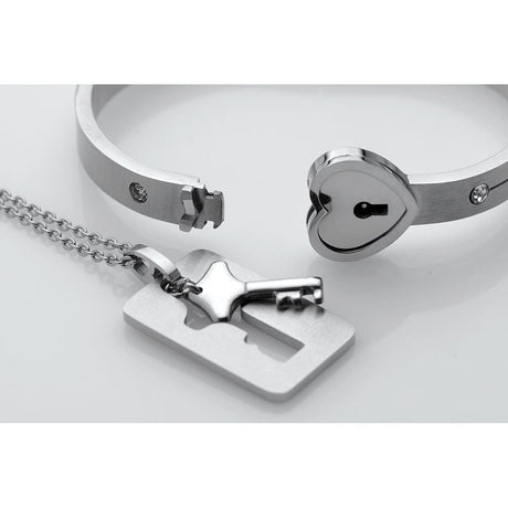Cuffed Locking Bracelet and Key Necklace - Tungsten Steel