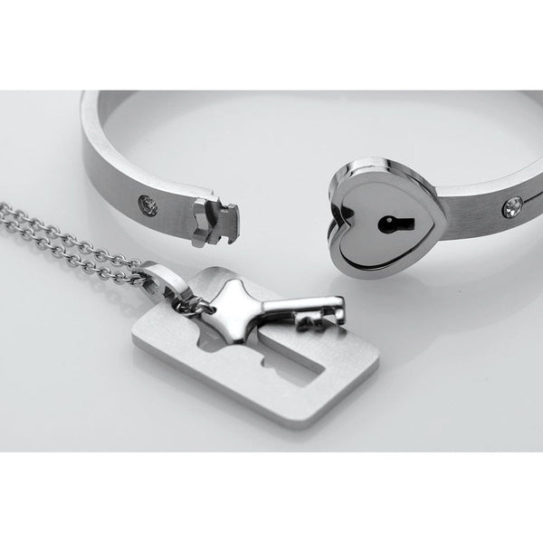 Cuffed Locking Bracelet and Key Necklace - Tungsten Steel