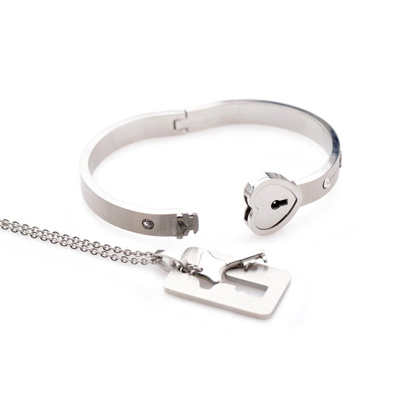 Cuffed Locking Bracelet and Key Necklace - Tungsten Steel