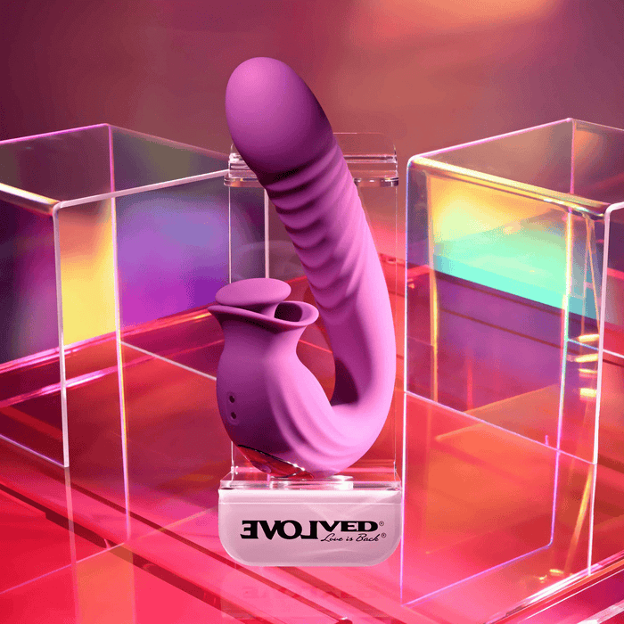 Evolved Deep Ecstasy Thrusting Vibrator with Rotating Clitoral Stimulator in purple