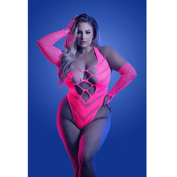 FLASHBACK UV reactive rhinestone fishnet teddy & matching gloves (or leg warmers) (Neon Pink)