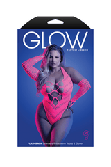 FLASHBACK UV reactive rhinestone fishnet teddy & matching gloves (or leg warmers) (Neon Pink)