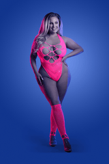FLASHBACK UV reactive rhinestone fishnet teddy & matching gloves (or leg warmers) (Neon Pink)