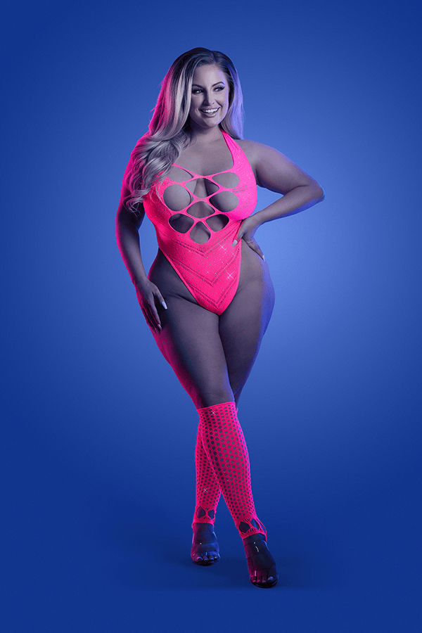 FLASHBACK UV reactive rhinestone fishnet teddy & matching gloves (or leg warmers) (Neon Pink)