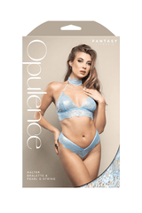 Halter bralette with pearl straps and adjustable pearl g-string in metallic foil lace (Light Blue)