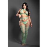 HEART OF GLASS Lace knit halter tie top, g-string panty and gartered stockings (Seaglass Green)